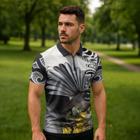 New Zealand Fantail Bird Zipper Polo Shirt Maori Piwakawaka Kowhai Maori Pattern LT22 - Polynesian Pride