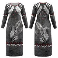 New Zealand Weka Personalised Couples Matching Long Sleeve Bodycon Dress and Hawaiian Shirt Aotearoa Hen Silver Fern Maori Pattern LT22 - Polynesian Pride