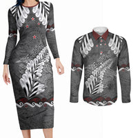 New Zealand Weka Personalised Couples Matching Long Sleeve Bodycon Dress and Long Sleeve Button Shirt Aotearoa Hen Silver Fern Maori Pattern LT22 Black - Polynesian Pride