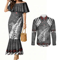 New Zealand Weka Personalised Couples Matching Mermaid Dress and Long Sleeve Button Shirt Aotearoa Hen Silver Fern Maori Pattern LT22 Black - Polynesian Pride