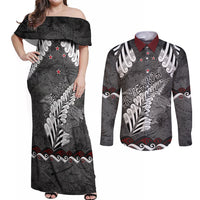 New Zealand Weka Personalised Couples Matching Off Shoulder Maxi Dress and Long Sleeve Button Shirt Aotearoa Hen Silver Fern Maori Pattern