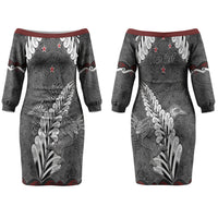 New Zealand Weka Personalised Couples Matching Off The Shoulder Long Sleeve Dress and Long Sleeve Button Shirt Aotearoa Hen Silver Fern Maori Pattern LT22 - Polynesian Pride