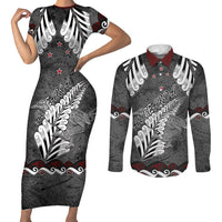New Zealand Weka Personalised Couples Matching Short Sleeve Bodycon Dress and Long Sleeve Button Shirt Aotearoa Hen Silver Fern Maori Pattern