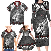 New Zealand Weka Personalised Family Matching Long Sleeve Bodycon Dress and Hawaiian Shirt Aotearoa Hen Silver Fern Maori Pattern