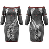 New Zealand Weka Personalised Family Matching Off The Shoulder Long Sleeve Dress and Hawaiian Shirt Aotearoa Hen Silver Fern Maori Pattern LT22 Mom's Dress Black - Polynesian Pride