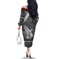 New Zealand Weka Personalised Family Matching Off The Shoulder Long Sleeve Dress and Hawaiian Shirt Aotearoa Hen Silver Fern Maori Pattern