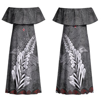 New Zealand Weka Personalised Family Matching Off Shoulder Maxi Dress and Hawaiian Shirt Aotearoa Hen Silver Fern Maori Pattern LT22 Mom's Dress Black - Polynesian Pride