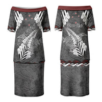 New Zealand Weka Personalised Family Matching Puletasi and Hawaiian Shirt Aotearoa Hen Silver Fern Maori Pattern LT22 Mom's Dress Black - Polynesian Pride
