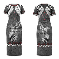 New Zealand Weka Personalised Family Matching Short Sleeve Bodycon Dress and Hawaiian Shirt Aotearoa Hen Silver Fern Maori Pattern LT22 Mom's Dress Black - Polynesian Pride