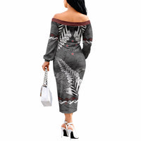 New Zealand Weka Personalised Off The Shoulder Long Sleeve Dress Aotearoa Hen Silver Fern Maori Pattern LT22 - Polynesian Pride