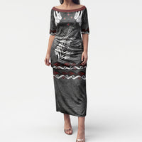 New Zealand Weka Personalised Puletasi Aotearoa Hen Silver Fern Maori Pattern LT22 Long Dress Black - Polynesian Pride