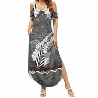 New Zealand Weka Personalised Summer Maxi Dress Aotearoa Hen Silver Fern Maori Pattern LT22 Women Black - Polynesian Pride