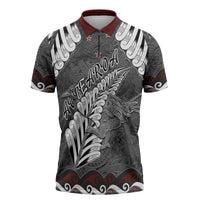 New Zealand Weka Personalised Zipper Polo Shirt Aotearoa Hen Silver Fern Maori Pattern LT22 Black - Polynesian Pride