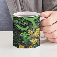 New Zealand Parakeet Bird Ceramic Mug Maori Kakariki Kowhai Maori Pattern