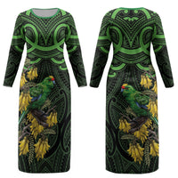 New Zealand Parakeet Bird Couples Matching Long Sleeve Bodycon Dress and Long Sleeve Button Shirt Maori Kakariki Kowhai Maori Pattern
