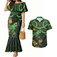 New Zealand Parakeet Bird Couples Matching Mermaid Dress and Hawaiian Shirt Maori Kakariki Kowhai Maori Pattern
