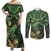 New Zealand Parakeet Bird Couples Matching Off Shoulder Maxi Dress and Long Sleeve Button Shirt Maori Kakariki Kowhai Maori Pattern