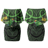 New Zealand Parakeet Bird Couples Matching Off Shoulder Short Dress and Long Sleeve Button Shirt Maori Kakariki Kowhai Maori Pattern
