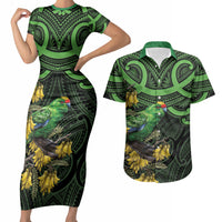 New Zealand Parakeet Bird Couples Matching Short Sleeve Bodycon Dress and Hawaiian Shirt Maori Kakariki Kowhai Maori Pattern