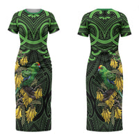 New Zealand Parakeet Bird Couples Matching Short Sleeve Bodycon Dress and Hawaiian Shirt Maori Kakariki Kowhai Maori Pattern