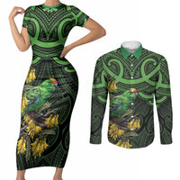 New Zealand Parakeet Bird Couples Matching Short Sleeve Bodycon Dress and Long Sleeve Button Shirt Maori Kakariki Kowhai Maori Pattern