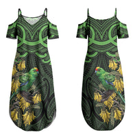 New Zealand Parakeet Bird Couples Matching Summer Maxi Dress and Long Sleeve Button Shirt Maori Kakariki Kowhai Maori Pattern