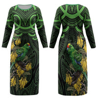 New Zealand Parakeet Bird Family Matching Long Sleeve Bodycon Dress and Hawaiian Shirt Maori Kakariki Kowhai Maori Pattern