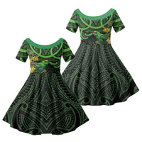 New Zealand Parakeet Bird Family Matching Long Sleeve Bodycon Dress and Hawaiian Shirt Maori Kakariki Kowhai Maori Pattern LT22 Daughter's Dress Green - Polynesian Pride