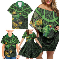 New Zealand Parakeet Bird Family Matching Off Shoulder Short Dress and Hawaiian Shirt Maori Kakariki Kowhai Maori Pattern