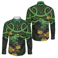 New Zealand Parakeet Bird Family Matching Off Shoulder Short Dress and Hawaiian Shirt Maori Kakariki Kowhai Maori Pattern LT22 Dad's Shirt - Long Sleeve Green - Polynesian Pride