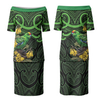New Zealand Parakeet Bird Family Matching Puletasi and Hawaiian Shirt Maori Kakariki Kowhai Maori Pattern LT22 Mom's Dress Green - Polynesian Pride