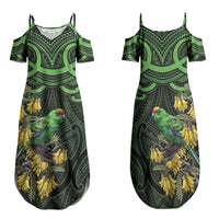 New Zealand Parakeet Bird Family Matching Summer Maxi Dress and Hawaiian Shirt Maori Kakariki Kowhai Maori Pattern LT22 Mom's Dress Green - Polynesian Pride