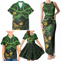 New Zealand Parakeet Bird Family Matching Tank Maxi Dress and Hawaiian Shirt Maori Kakariki Kowhai Maori Pattern