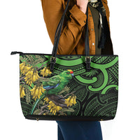 New Zealand Parakeet Bird Leather Tote Bag Maori Kakariki Kowhai Maori Pattern