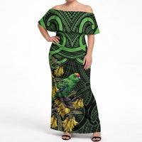 New Zealand Parakeet Bird Off Shoulder Maxi Dress Maori Kakariki Kowhai Maori Pattern