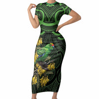 New Zealand Parakeet Bird Short Sleeve Bodycon Dress Maori Kakariki Kowhai Maori Pattern LT22 Long Dress Green - Polynesian Pride