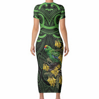 New Zealand Parakeet Bird Short Sleeve Bodycon Dress Maori Kakariki Kowhai Maori Pattern