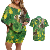 Bellbird New Zealand Personalised Couples Matching Off Shoulder Short Dress and Hawaiian Shirt Kowhai Flower Maori Pattern LT22 Green - Polynesian Pride