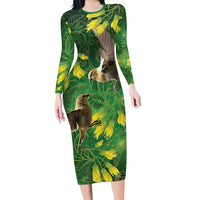 Bellbird New Zealand Personalised Long Sleeve Bodycon Dress Kowhai Flower Maori Pattern