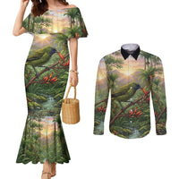 Bellbird New Zealand Personalised Couples Matching Mermaid Dress and Long Sleeve Button Shirt Korimako Harakeke Flower Native Forest LT22 Green - Polynesian Pride