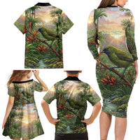 Bellbird New Zealand Personalised Family Matching Long Sleeve Bodycon Dress and Hawaiian Shirt Korimako Harakeke Flower Native Forest LT22 - Polynesian Pride