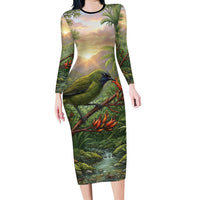 Bellbird New Zealand Personalised Family Matching Long Sleeve Bodycon Dress and Hawaiian Shirt Korimako Harakeke Flower Native Forest LT22 Mom's Dress Green - Polynesian Pride