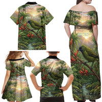 Bellbird New Zealand Personalised Family Matching Off Shoulder Maxi Dress and Hawaiian Shirt Korimako Harakeke Flower Native Forest LT22 - Polynesian Pride