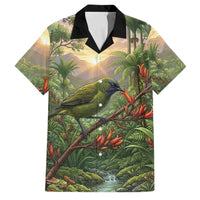 Bellbird New Zealand Personalised Family Matching Off Shoulder Maxi Dress and Hawaiian Shirt Korimako Harakeke Flower Native Forest LT22 Dad's Shirt - Short Sleeve Green - Polynesian Pride