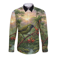 Bellbird New Zealand Personalised Long Sleeve Button Shirt Korimako Harakeke Flower Native Forest