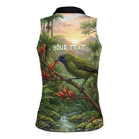 Bellbird New Zealand Personalised Women Sleeveless Polo Shirt Korimako Harakeke Flower Native Forest LT22 - Polynesian Pride
