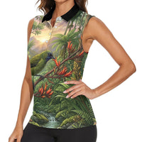 Bellbird New Zealand Personalised Women Sleeveless Polo Shirt Korimako Harakeke Flower Native Forest LT22 - Polynesian Pride