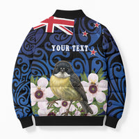 Tomtit New Zealand Personalised Bomber Puffer Jacket Miromiro Manuka Flower Maori Pattern