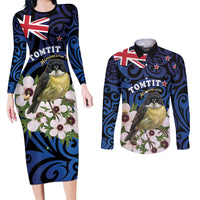 Tomtit New Zealand Personalised Couples Matching Long Sleeve Bodycon Dress and Long Sleeve Button Shirt Miromiro Manuka Flower Maori Pattern LT22 Blue - Polynesian Pride