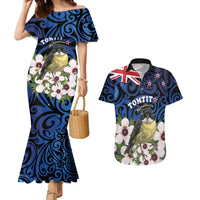 Tomtit New Zealand Personalised Couples Matching Mermaid Dress and Hawaiian Shirt Miromiro Manuka Flower Maori Pattern LT22 Blue - Polynesian Pride